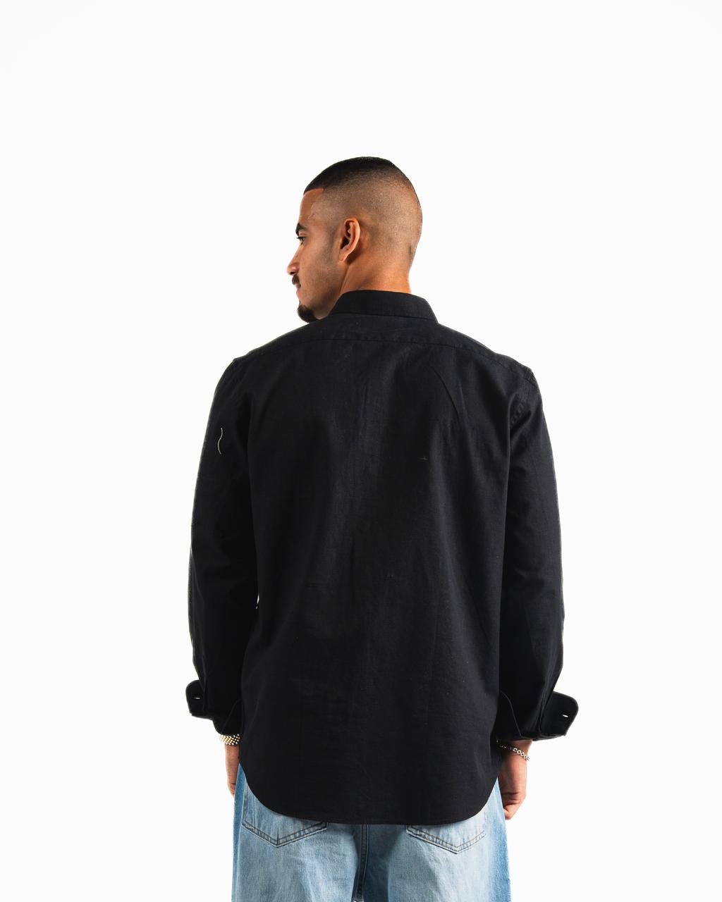 Washed Linen Blend Chemise  - Black
