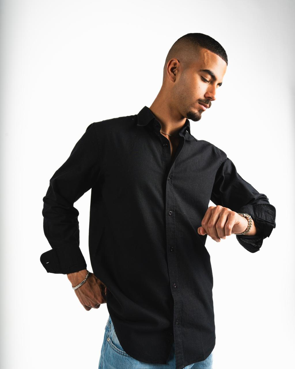 Washed Linen Blend Chemise  - Black