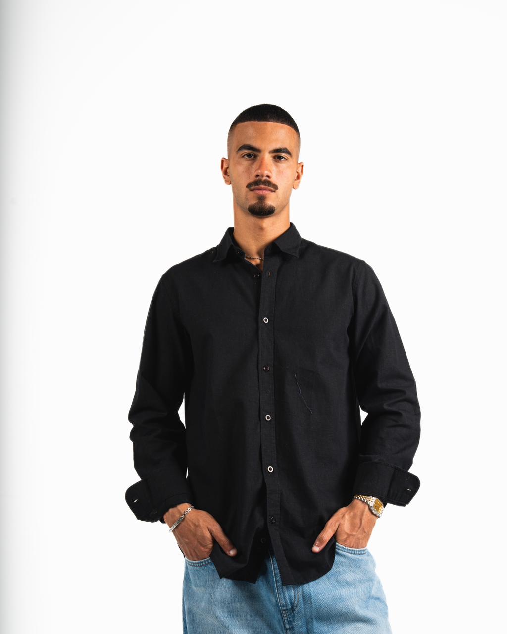 Washed Linen Blend Chemise  - Black